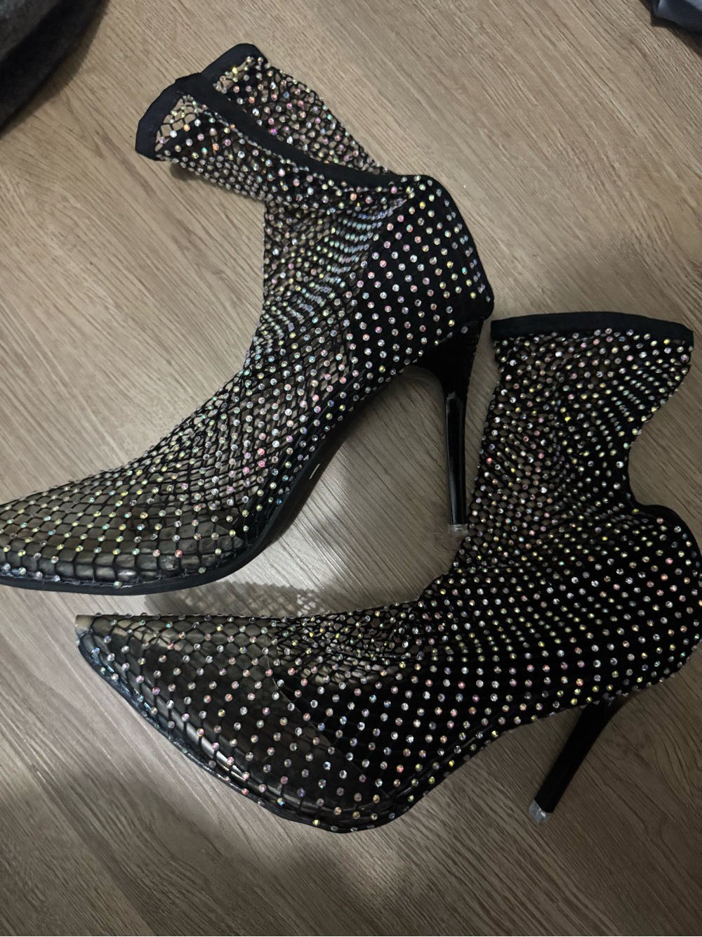 Black Crystal Mesh Stiletto Booties - Women Shoes